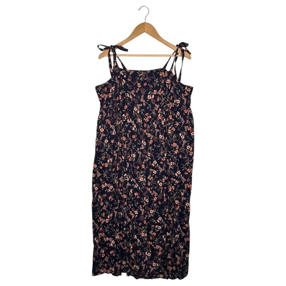 New Old Navy Dress Womens 2X Blue Floral Midi Fit Flare Square Neck Tie Straps